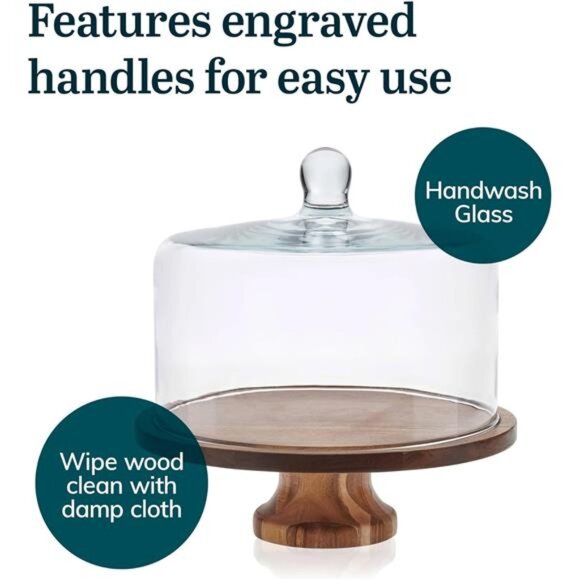 Acacia Wood Cake Stand with Lid, Footed Round Cake Container, Ball Top Handle - Picture 5 of 7